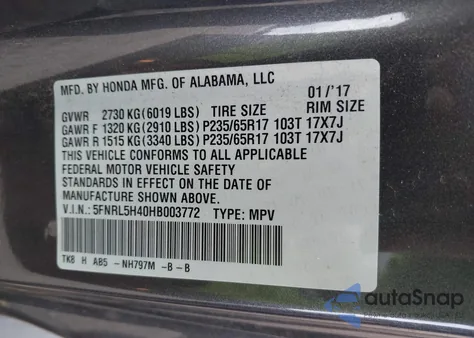 2017 Honda Odyssey Ex из США, поврежденный, VIN 5FNRL5H40HB003772